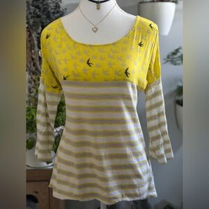 Anthropologie This S’Cl Yellow Bird Print Striped Top | Size Small